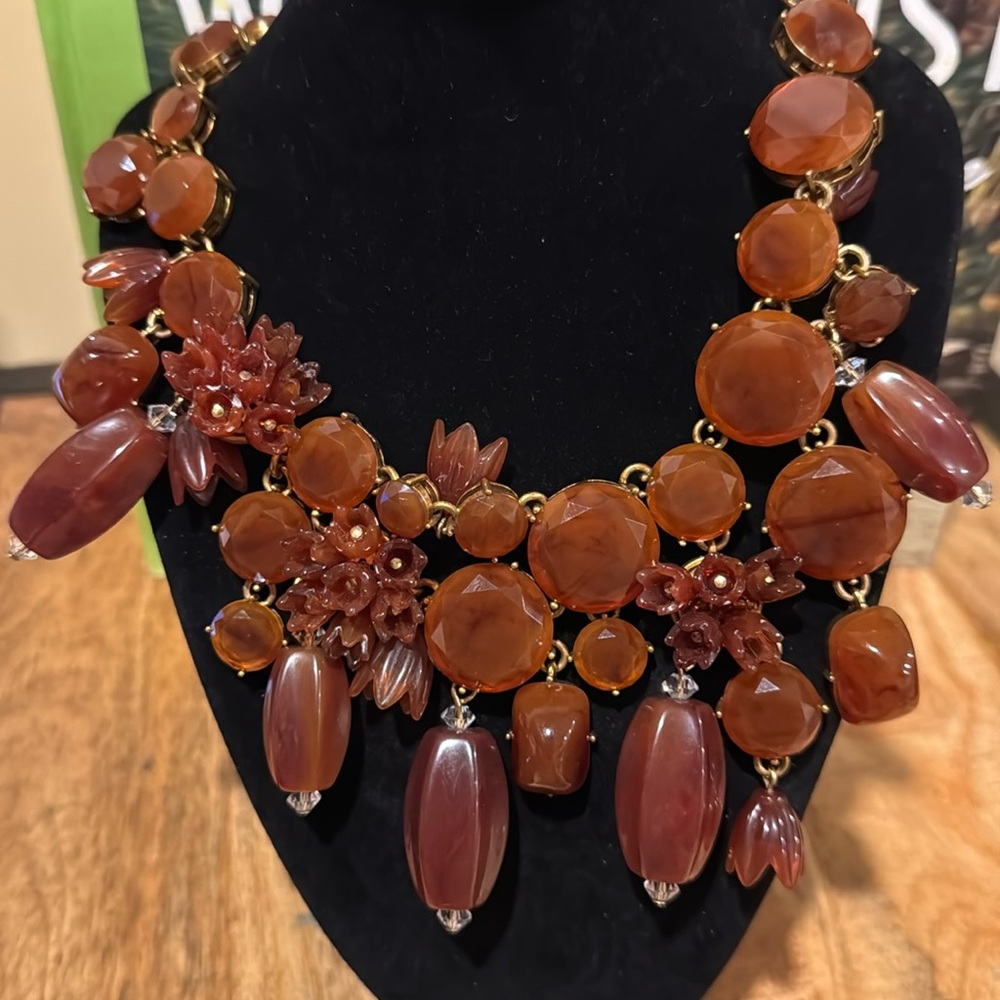 J. CREW Vintage Amber Brown Lucite Asymmetric Crystal Collar Bib Necklace